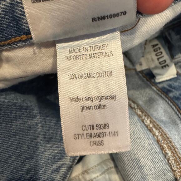 Agolde Criss Cross Straight Jeans Blue High-Rise Zip Button Raw Hem Pocket Sz 28 - Picture 6 of 6